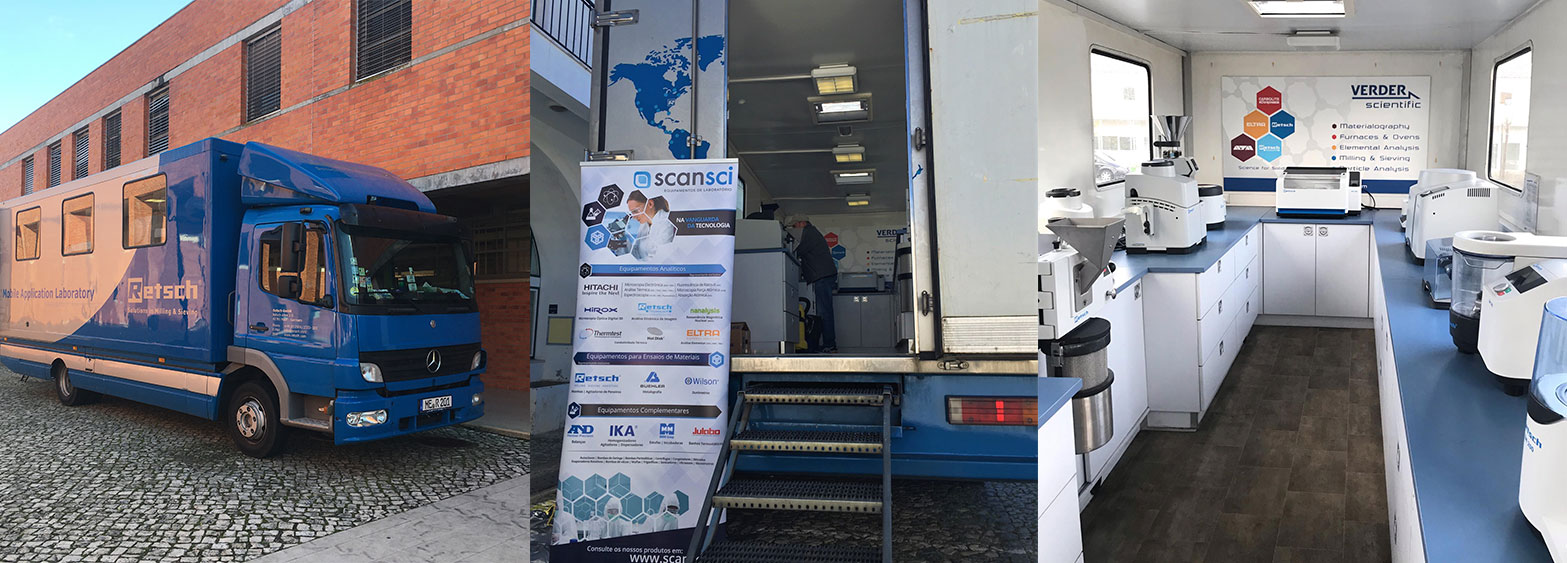 Interior do Retsch Demo Bus com equipamentos de laboratório - Scansci
